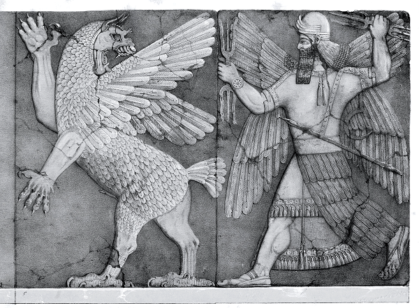 Ninurta, Enlil tapınağından Kader Tableti'ni çalmış olan Anzû'yu yıldırımlarıyla takip ederken (Austen Henry Layard, Monuments of Nineveh, 2. Seri, 1853)